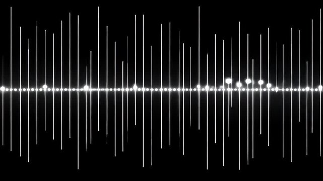 Abstract white neon vertical lines of sound equalizer flickering with bright sparks along horizontal axis. Futuristic technology and cyber audio concept
