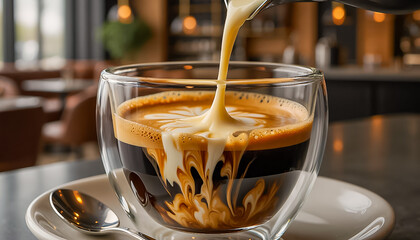 Steaming cup of espresso with crema on saucer.