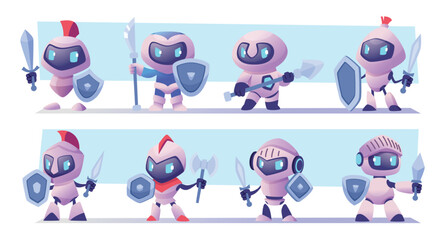 Fototapeta premium Security Robot. Vector cartoon bot with lock shield armor and sword in futuristic exact cybersecurity mascot style