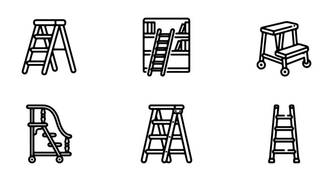 Ladder Icons Set, Step Stool Collection, Climbing Equipment Vector Graphics