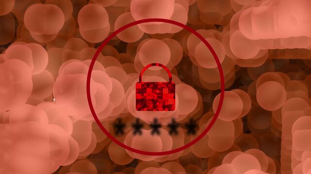 Red padlock icon with bubbles and asterisks security alert. Cybersecurity shield symbol for computer network access lock. Digital padlock shield animation for firewall.