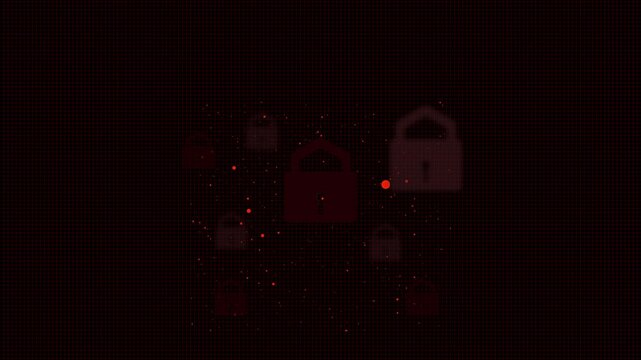 Red padlocks scattered on dark grid with red dots. Cybersecurity padlock symbol for multi factor user account safety. Digital padlock animation for server privacy control.