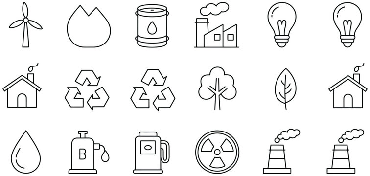 Energy and Environmental outline icons collection with Renewable Power, Industrial Production, Recycling, Fuel and Sustainability concepts.