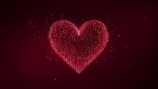 Volumetric red particle heart pulsating and shining softly against deep burgundy gradient background. Pure love and wedding celebration concept