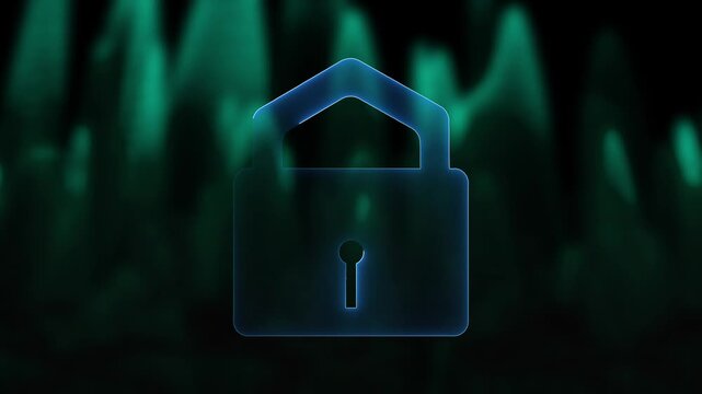 Blue padlock icon with abstract green background security grid. Cybersecurity padlock symbol for web browser password safety. Digital padlock animation for data privacy.