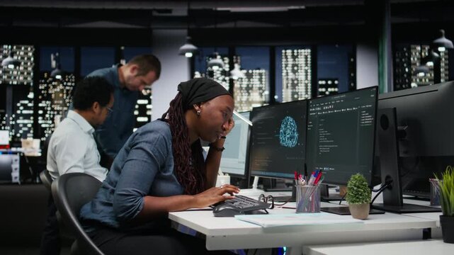 Tired programmer falling asleep in office while analyzing machine learning. Sleepy IT expert reviewing code logic to improve AI accuracy late at night.