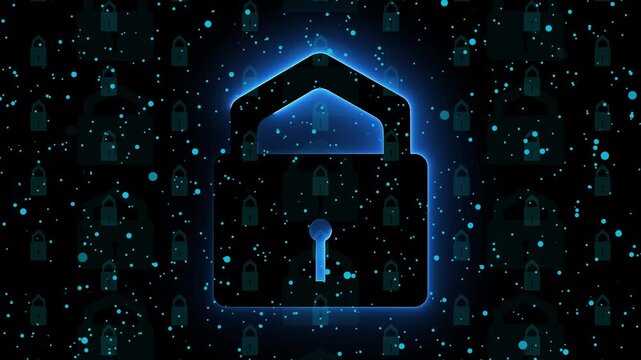 Blue padlock icon with digital particles background encryption. Cybersecurity padlock symbol for computer system document safety. Digital padlock animation for firewall.