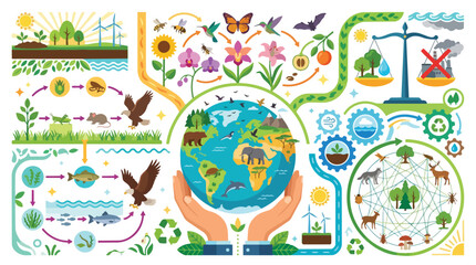 Naklejka premium Comprehensive environmental education infographic showing Earth ecosystems and sustainability.