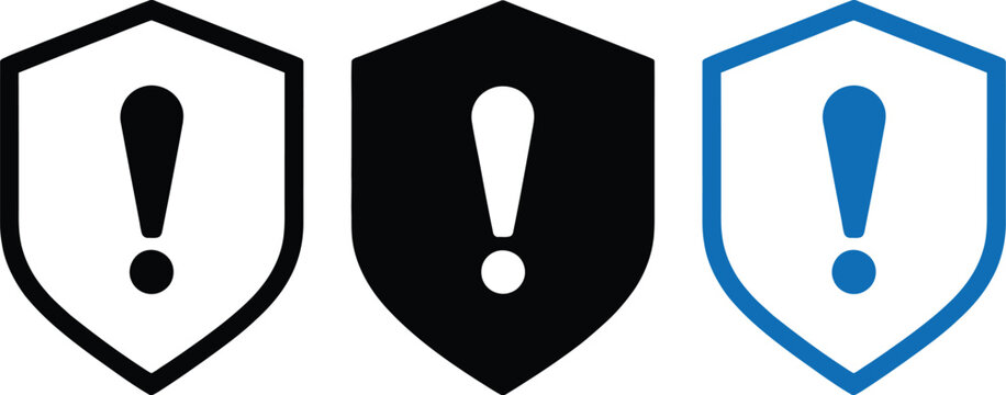 Warning shield icon with exclamation mark in three color styles