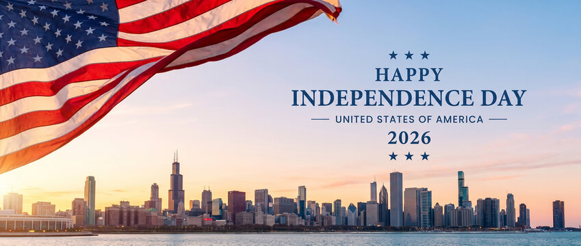 USA Independence Day 2026 Banner with Waving American Flag and Chicago Skyline at Sunset Patriotic Fourth of July Background with Copy Space