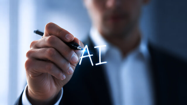Businessman writing AI text in the air with glowing digital pen. Artificial intelligence in business management, modern technology innovation, machine learning automation, corporate tech strategy.