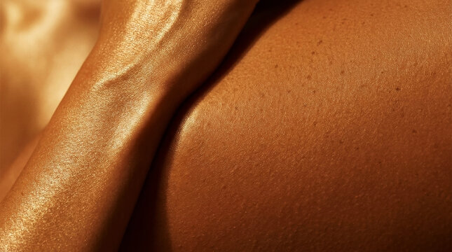 Ultra close up abstract texture of smooth golden glowing sun kissed skin and arm texture