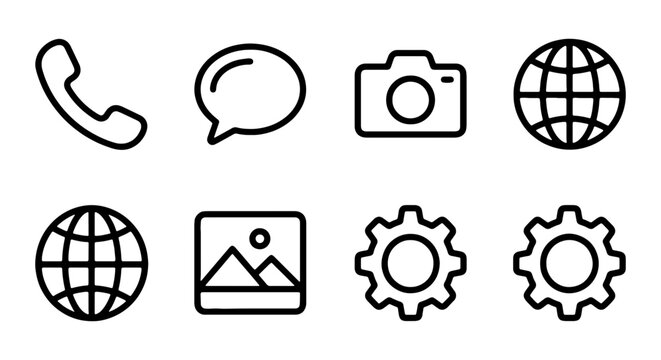Minimalist Line Icons: Phone, Chat, Camera, Globe, Image, Settings, 8 Vector Elements