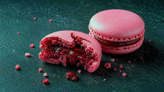 Close up of broken pink macarons with red jam filling on a dark textured background. French pastry dessert with scattered crumbs