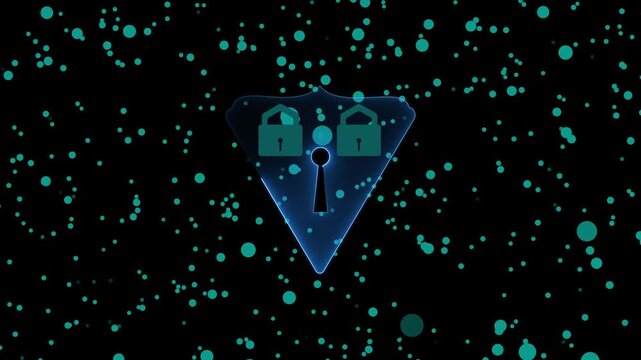 Teal shield with two padlocks and keyhole inside dots. Cybersecurity protection shield for multi tier identity privacy safety. Digital shield animation for network defense.