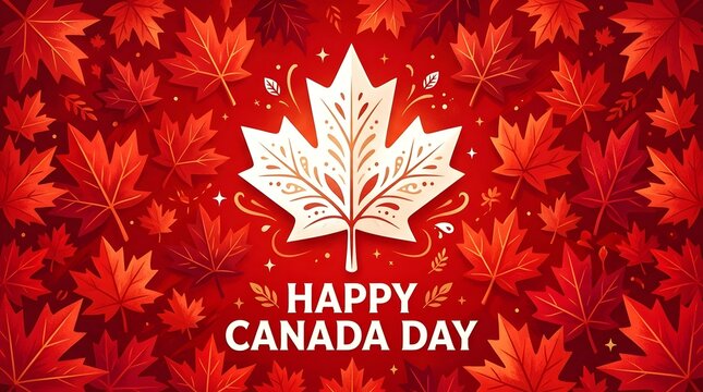 Canada Day celebration with red maple leaves background and festive greeting text