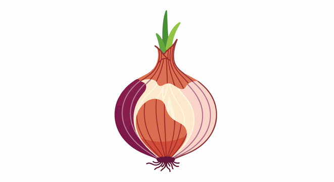A halved red onion with visible layers, green sprouts, and roots