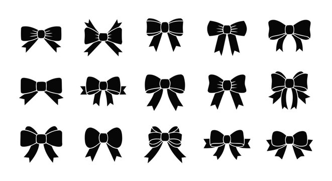 Vector illustration of set of black ribbon bows on a transparent background