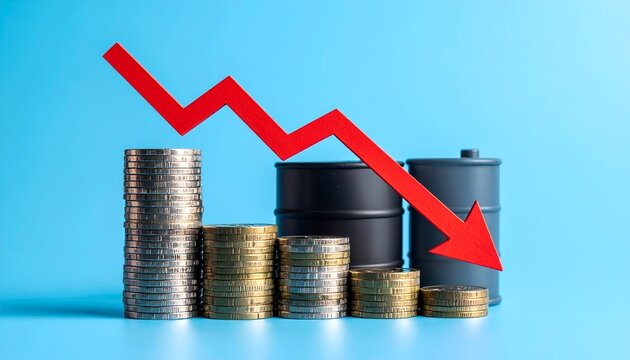 Financial impact of falling oil prices shown through a downward arrow, shrinking coin stacks, and dollar symbol on a blue background.