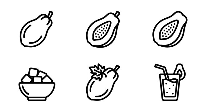 Papaya Icons Set: Whole Fruit, Halved, Cubes, Juice Drink, Vector Graphics