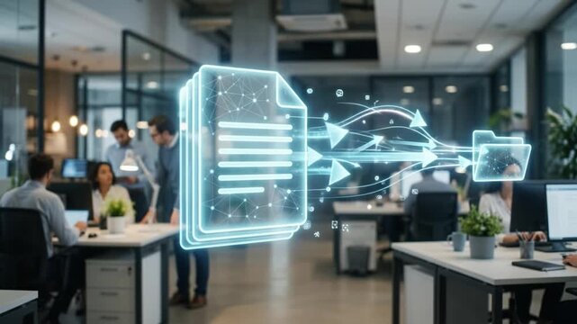 Digital document transfer with holographic file and folder icons modern office environment showcasing business technology, computer data sharing, teamwork, and digital office workspace collaboration