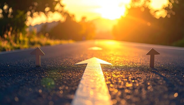 Sunset glows warmly over empty asphalt road. White arrow points forward, guiding direction clearly
