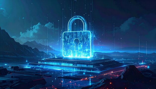 Glowing digital lock dominates a futuristic cityscape. Neon blue light pulses across the structure