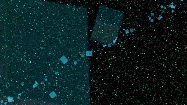 Teal cubes floating in dark space with tiny particles. Geometry cubes pattern for modern computer engineering science concept presentation backdrop.