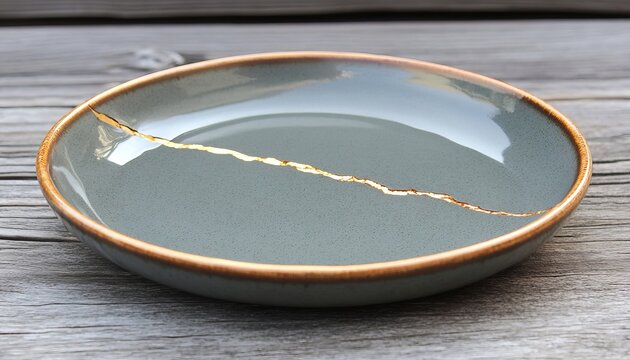 A Modern Ceramic Dish with Visible Gold Kintsugi Repair on a Weathered Grey Wooden Background.