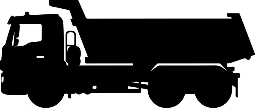 Black dump truck silhouette, vector truck icon, heavy duty vehicle, construction equipment