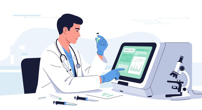 Scientist in lab coat examines vial next to computer screen with data