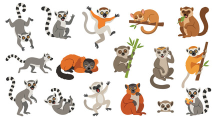 Collection of cute cartoon lemurs in various poses and activities, isolated on a white background. © jaina