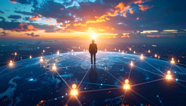 Silhouette stands tall atop a glowing world map