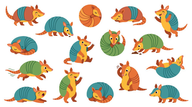 Collection of cute armadillo illustrations in various poses and activities, showing their unique armored shells and playful nature.