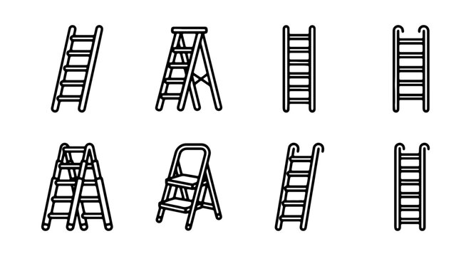Ladder Icons Set, Step Stool Collection, Climbing Tools Vector Graphics