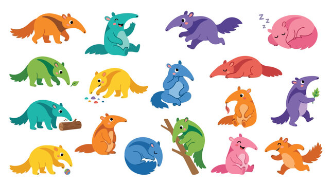Collection of cute cartoon anteaters in various poses and colors, illustrating different activities and emotions.
