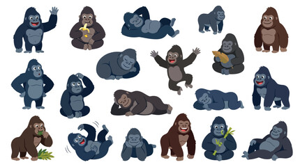 Collection of cartoon gorillas in various poses and activities, showing different emotions and actions. © jaina