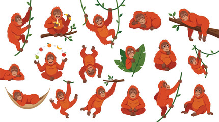 Collection of cute orangutan characters in various poses and activities, illustrating their playful nature and jungle habitat.