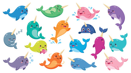 Collection of Cute Cartoon Narwhals with Various Expressions and Poses. © jaina