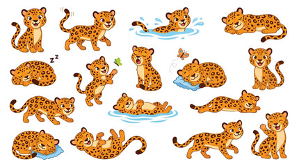 Collection of cute cartoon cheetah cubs in various playful poses and activities, isolated on a white background. © jaina