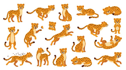 Collection of Cheetahs in Various Poses and Actions, Illustrating Their Grace and Agility. © jaina