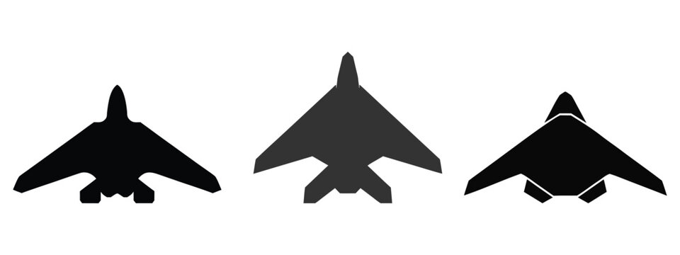 Stealth Bomber and Military Aircraft Silhouette Set, Strategic Flying Wing, Delta Fighter Jet, Radar Invisible Plane and Drone Vector Collection.