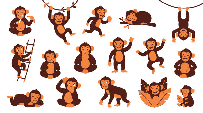 Collection of cute cartoon monkeys in various poses and activities, isolated on a white background.