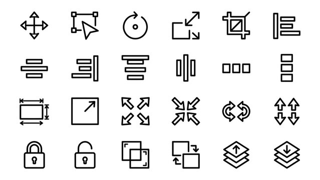 Graphic design and layout editing vector line icons set for alignment transformation and layer tools