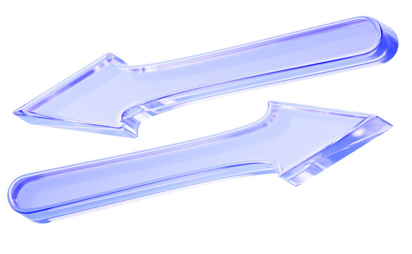 Glass opposite arrow 3D icon - long down left and up right double arrow symbol, transfer and exchange sign. Blue transparent triangle lines, diagonal direction, back and forth motion