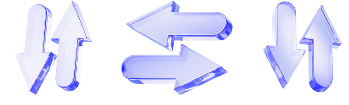3d blue glass up down right left arrows set - opposite direction sign, increase and decrease value. Transparent ui elements, modern graphics. Double icons, transfer or exchange symbol