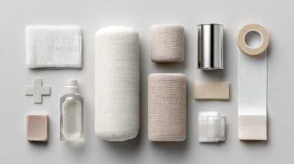 Obraz premium Neutral spa packaging and towels arranged in calm studio for product stylist preparing sustainable brand shoot cream beige white palette glass bottle, ceramic jar, dispenser, cotton roll, textured