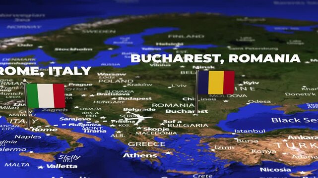 Flight From Rome ITALY to Bucharest ROMANIA with flag pins