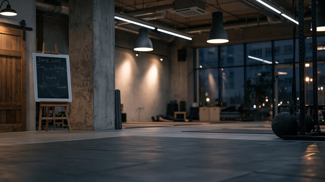Industrial gym at five am where personal trainer chalks daily habit loop diagram on portable whiteboard, lone early client stretching on floor behind, neurological
