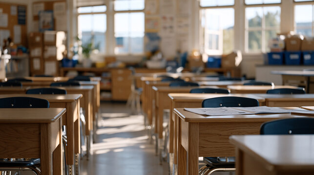 Title I elementary school classroom with thirty-four desks crammed into a space designed for twenty, teacher navigating narrow rows with reading worksheets, underfunded district